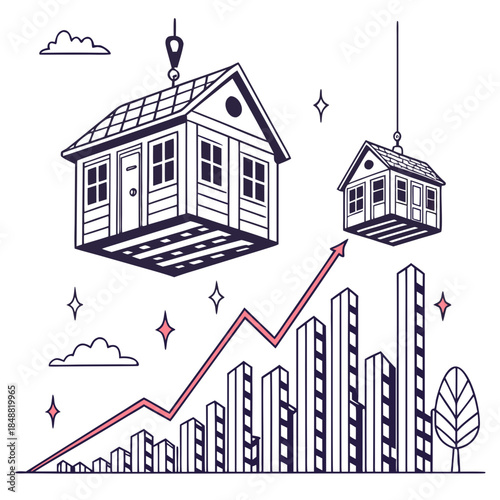 Floating houses built from data graph with rising trend line