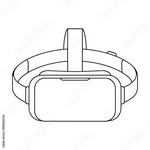 Black and white line drawing of a virtual reality headset with adjustable straps isolated on white background, Vector, illustration