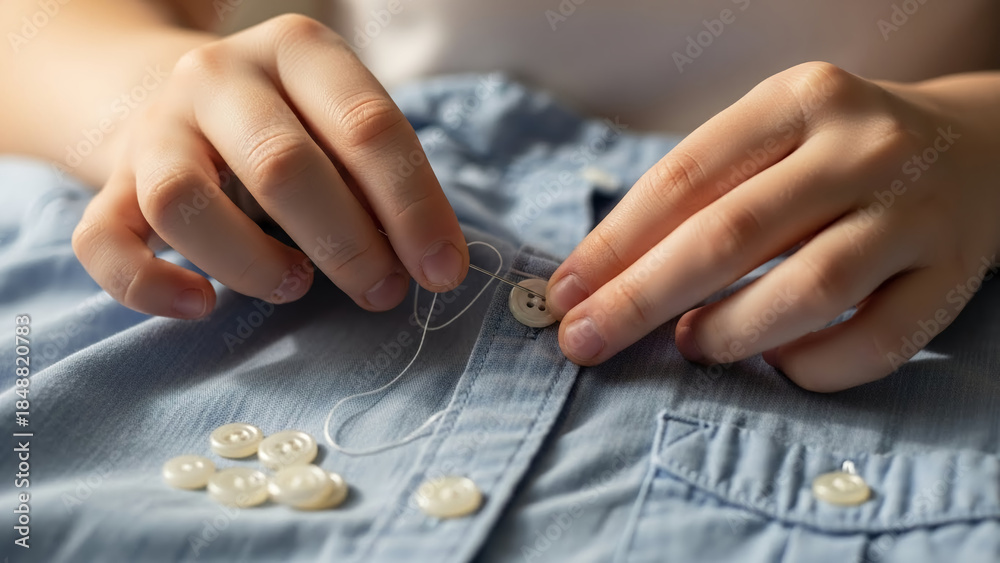 Obraz premium Girl attaching buttons to shirt while sewing on blue fabric 