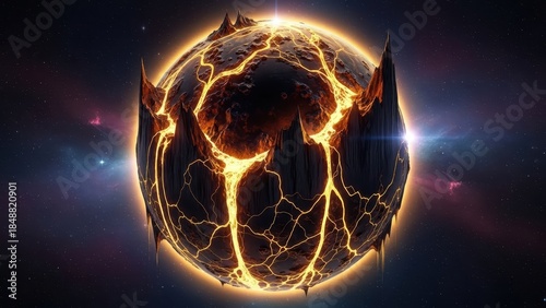 Molten cracked planet with glowing lava fissures in cosmic space scene.