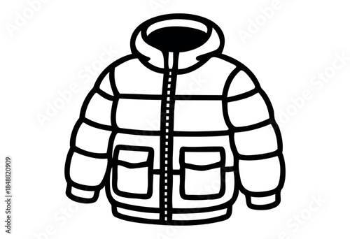 A clean, minimalist icon of a puffy winter jacket with pockets and a hood, presented in a bold black and white outline style against a white background.