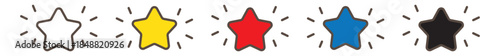 Five shining color star solid icon set with a grey stroke, isolated on a transparent background. Editable stroke design suitable for ratings, reviews, awards, and quality badges.