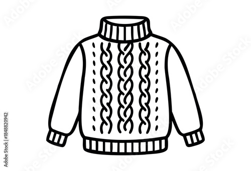 A hand-drawn, black and white illustration of a cozy cable knit turtleneck sweater with ribbed cuffs and hem, isolated on a white background.