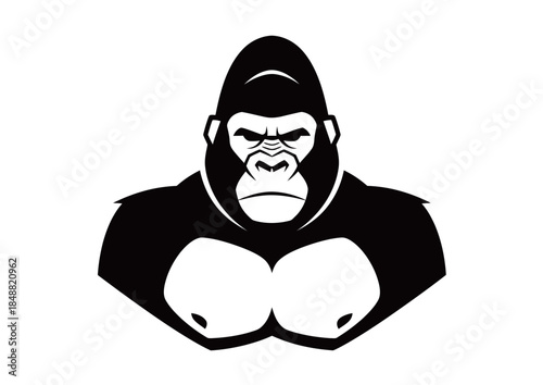 A stylized black and white illustration of a powerful gorilla's chest and head, facing forward with a stern expression.