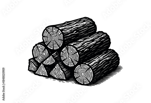A stark, high-contrast black and white illustration depicts a pile of cut wood logs, showcasing rings and grain details, ideal for rustic themes and natural resources concepts.