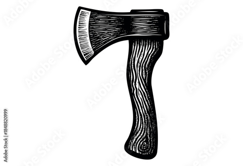A stark black and white woodcut illustration of an axe with a sharp blade and a textured wooden handle against a clean white background.