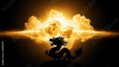 Silhouetted Dragon Against Fiery Explosive Cloudscape.