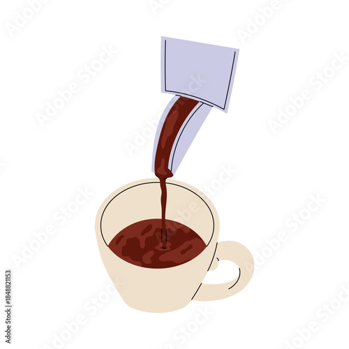 Flat illustration of coffee being poured from a cezve into a cup. Isolated on white background, suitable for cafe branding, menus, packaging and coffee related projects.
