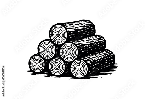 A stylized black and white illustration depicts a pile of stacked wood logs, showcasing their circular grain patterns and rough bark textures on a clean white background.