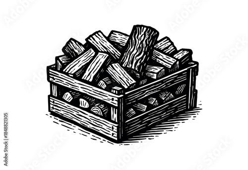 A stark black and white woodcut style illustration depicts a wooden crate overflowing with chopped firewood, conveying a rustic and elemental theme suitable for seasonal or natural themes.