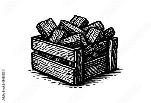 A rustic, woodcut-style illustration of a wooden crate overflowing with chopped firewood against a clean white background.