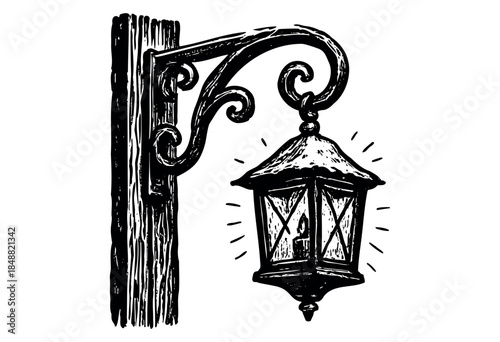 A vintage style sketch of an old fashioned lantern with a candle inside, mounted on a wooden post, evoking a sense of nostalgia and rustic charm.