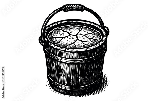 A striking black and white woodcut illustration of an old wooden bucket filled with cracked ice, evoking a sense of rustic charm and vintage appeal, perfect for historical or artisanal themes.