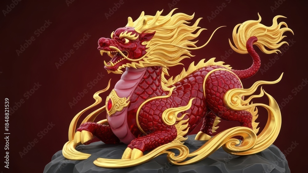 Fototapeta premium Ornate red and gold Chinese dragon statue on pedestal.