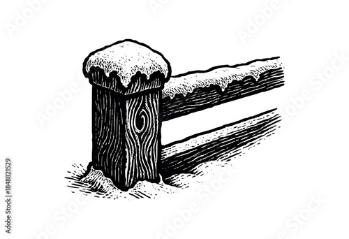 A black and white woodcut style illustration of a rustic wooden fence post and railing covered in snow, evoking a sense of winter and the outdoors.