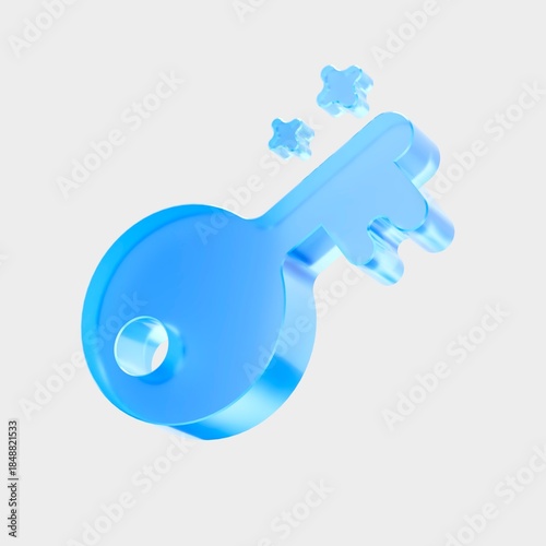 3D Glass Key Icon, Secure Access and Authorization Concept. Liquid Glass design icon, a trending glass icon for graphic design, UI, UX interfaces, and 3D illustration.