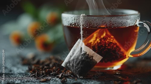 Aromatic Brew: A steaming cup of tea, with tea bag immersed in the amber liquid, captures the essence of a warm, inviting drink.