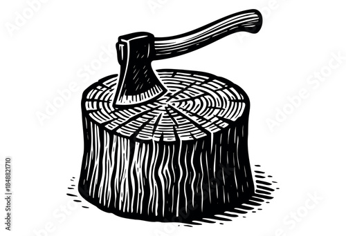 A striking black and white woodcut illustration of an axe embedded in a thick log, symbolizing strength, labor, and outdoor activities.