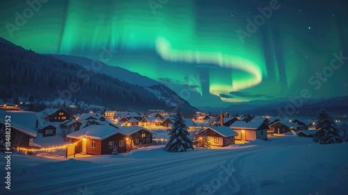 Northern Lights Over Serene Village: The enchanting dance of the aurora borealis illuminates a tranquil village nestled amidst snow-covered mountains, casting a magical glow over the landscape.