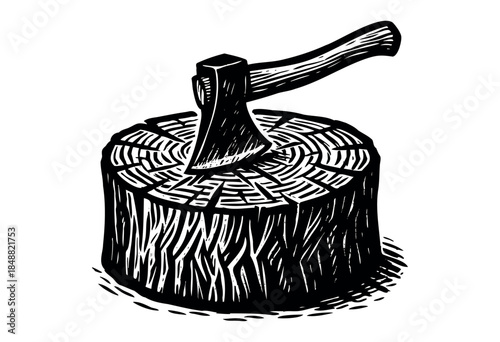 A graphic woodcut illustration of an axe embedded in a thick, weathered log, symbolizing manual labor, chopping wood, and rustic themes.