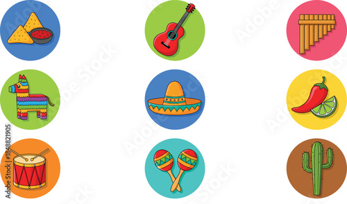 Vector illustration featuring nine colorful circular icons of Mexican culture and fiesta elements including a piñata, sombrero, nachos, guitar, and chili pepper for festive designs.