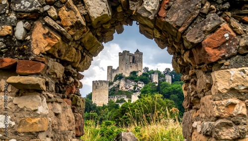 Stone archway frames an ancient castle atop a hill surrounded by trees under a cloudy sky