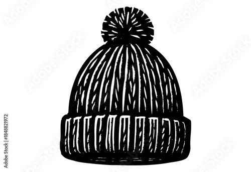 A striking black and white linocut illustration of a knitted winter beanie hat with a fuzzy pom pom, perfect for cold weather or fashion concepts.