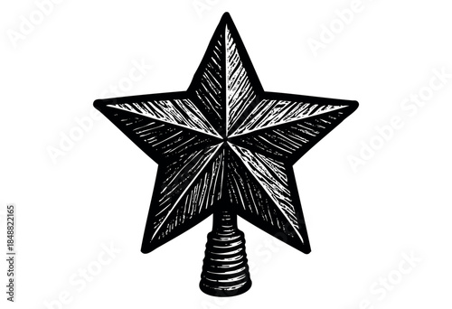A stark black and white illustration of a five-pointed star Christmas tree topper with textured shading, set against a clean white background.