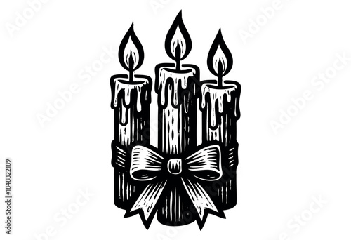 A graphic illustration of three lit candles with melting wax, bound together by a bow on a white background.