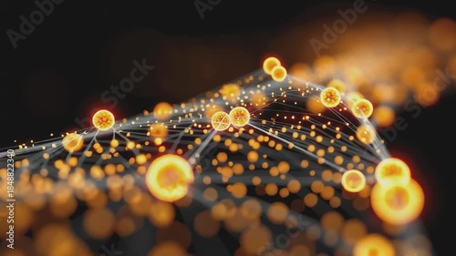 Abstract Molecular Network: An intricate network of interconnected molecules glows brightly against a dark backdrop.