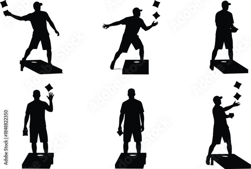 Cornhole player silhouette set, bean bag toss action poses, black lawn game icons, outdoor activity concept