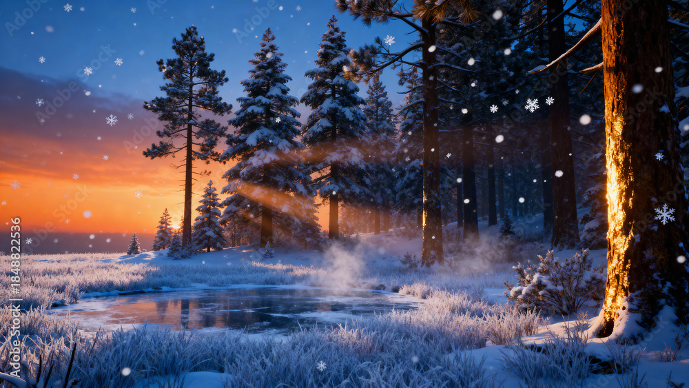 Fototapeta premium Golden sunset rays shine through snowy pine forest onto frozen pond with drifting mist and falling snowflakes in foreground, calm magical winter fairytale atmosphere