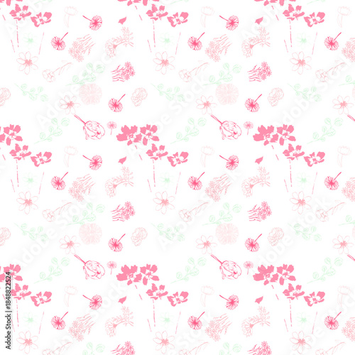 pattern con fiori rosa misti e rami con foglie verdi