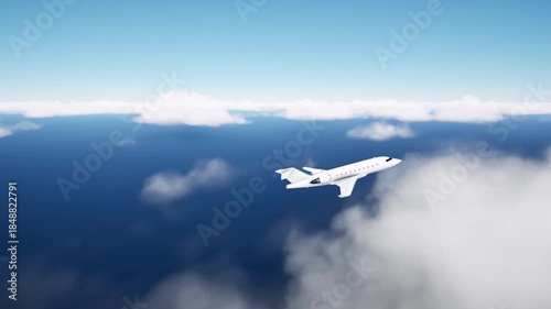 A private jet flies above the clouds during a charter flight, a cinematic aerial view, a concept for luxury air travel, tourism, and travel. 3D animation.