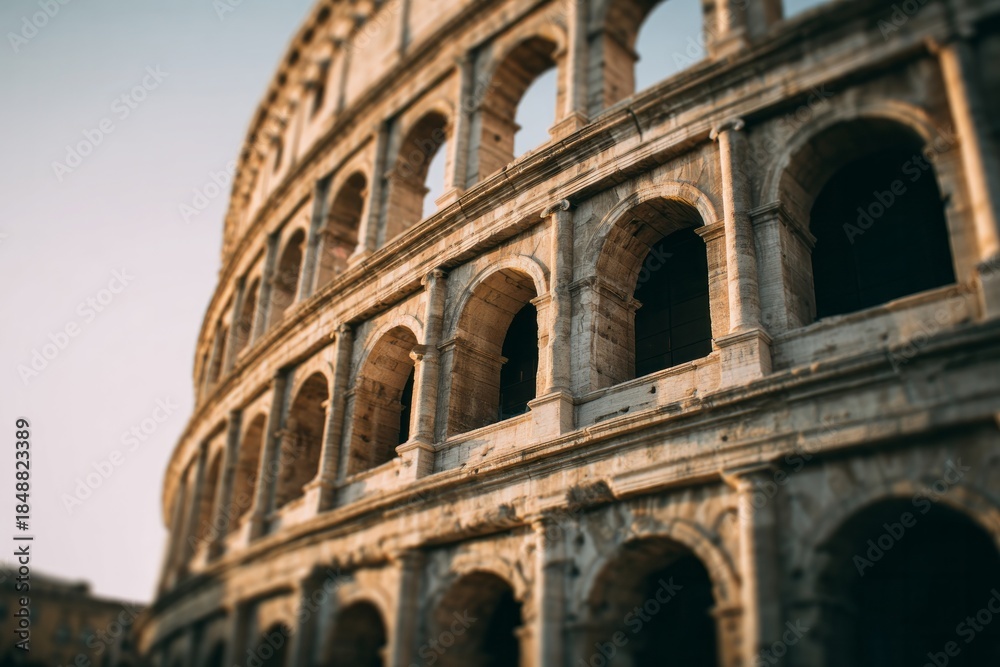 Fototapeta premium Ancient stone amphitheater structure curves upward toward a pale sky