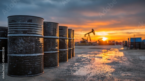 Black metal oil barrels lined up in industrial landscape at sunset with a pump jack silhouette in the background creating a vivid atmospheric scene