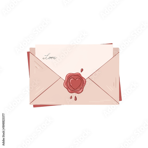 Illustration of a pink envelope with a red heart wax seal and the word 'love' on a white background.