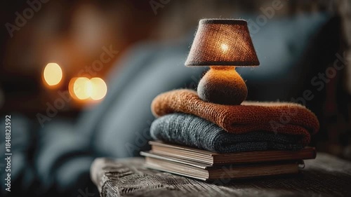 Cozy reading nook: A warm, inviting scene of a soft blanket, book and candle-lit lamp on top, inviting relaxation and escape. Capturing tranquility and peaceful.