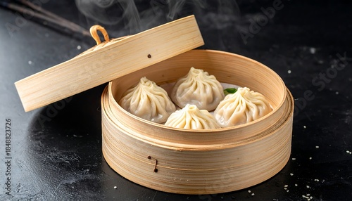 Steaming dumplings, served in a light wood bamboo steamer on a dark surface, top open revealing the food