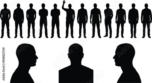 Human silhouette lineup and head profiles, standing male figures, comparison template, black design, identification concept