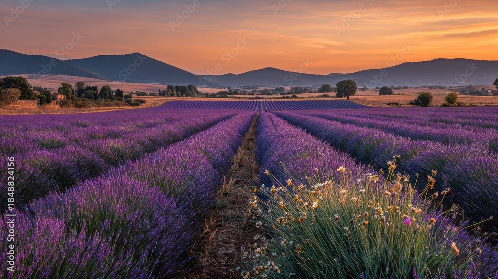Fototapeta premium Golden hour landscape of blooming lavender with calm countryside horizon