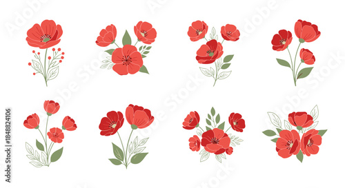Collection of eight beautiful hand-drawn red poppy flower bouquets with green leaves and stems, isolated on a white background for floral design.