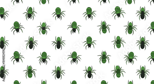 Seamless pattern of creepy green and black spiders on a plain white background, perfect for Halloween-themed textiles, wallpapers, or wrapping paper.