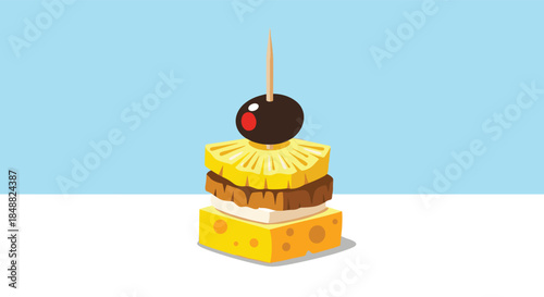 Pixel art illustration of a delicious canape with a toothpick, featuring stacked layers of cheese, meat, pineapple, and a black olive on top.