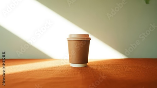 Disposable Coffee Cup with Lid on an Orange Surface with Sunlight Streaks paper cup takeaway