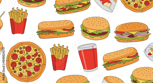 Colorful seamless pattern of classic fast food items including hamburgers, pizza slices, hot dogs, and french fries, on a white background.