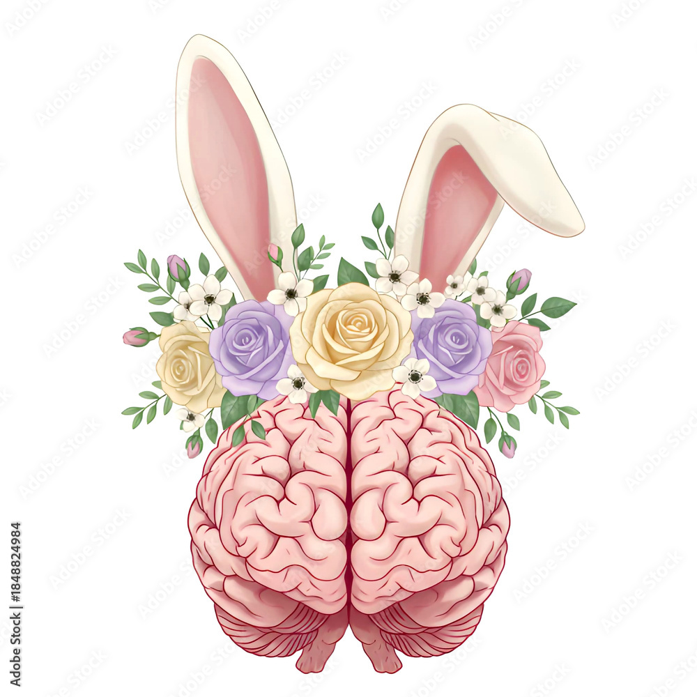 Obraz premium Whimsical Anatomical Brain Vector with Fluffy Bunny Ears and Colorful Rose Floral Crown for Easter Neuroscience Spring Art Illustration