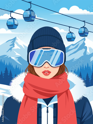 Winter sports enthusiast with ski goggles and warm clothing, enjoying a scenic mountain landscape with ski lifts