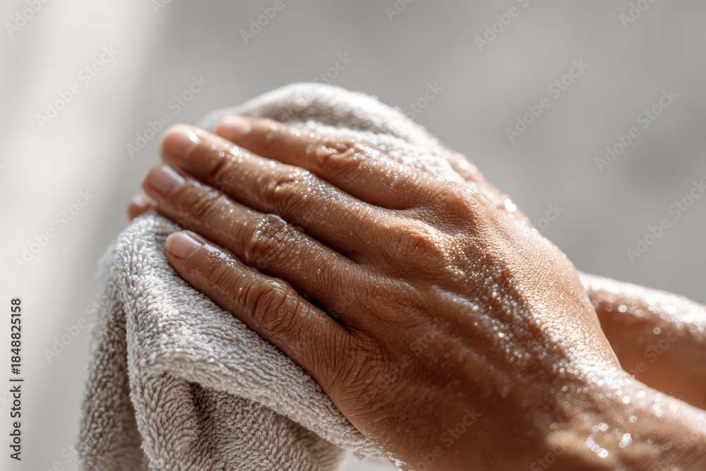 Fototapeta premium Hands drying with a plush towel in a clean, sunlit washroom