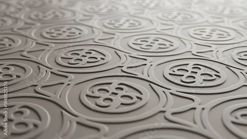 Close-up view of a textured surface with an intricate repeating embossed circular pattern, creating a decorative and elegant design.